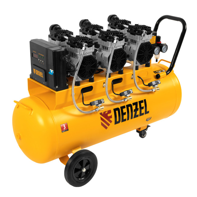 Компрессор безмасляный, малошумный  DLS 2250/100, 2250 Вт, 3x750, 100 л, 410 л/мин блок управления/ Denzel в Челябинске